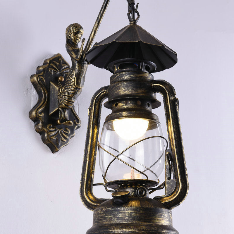 Clear Glass Kerosene Wall Light Fixture Nautical 1 Head Restaurant Wall Sconce with Curved Arm
