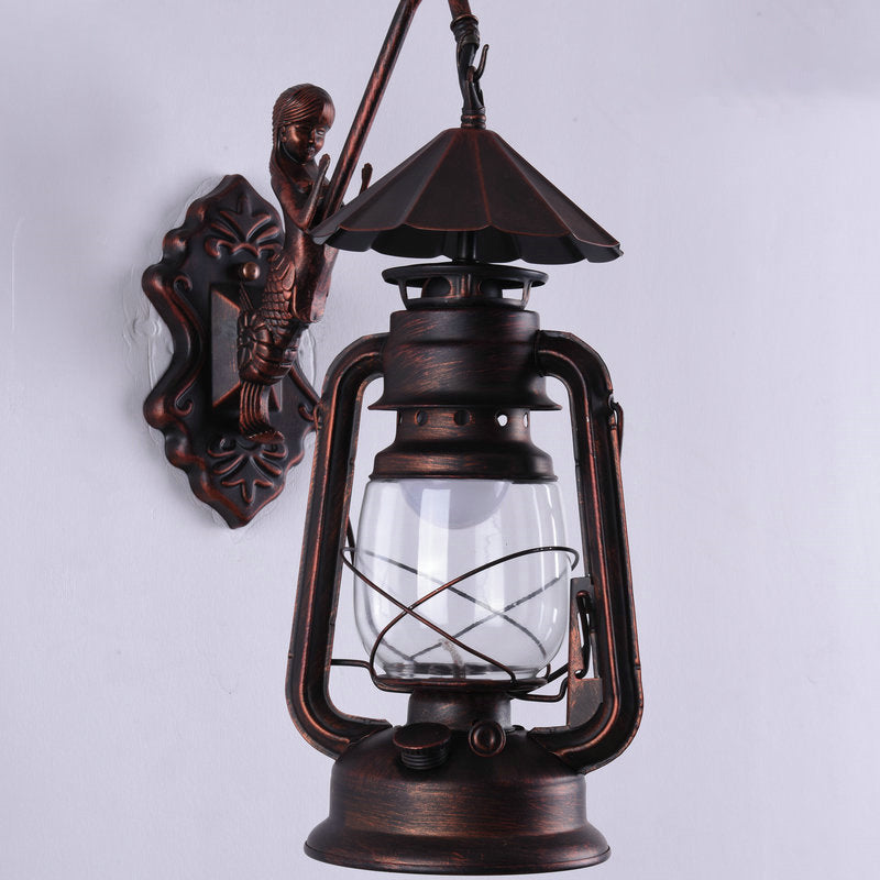 Clear Glass Kerosene Wall Light Fixture Nautical 1 Head Restaurant Wall Sconce with Curved Arm