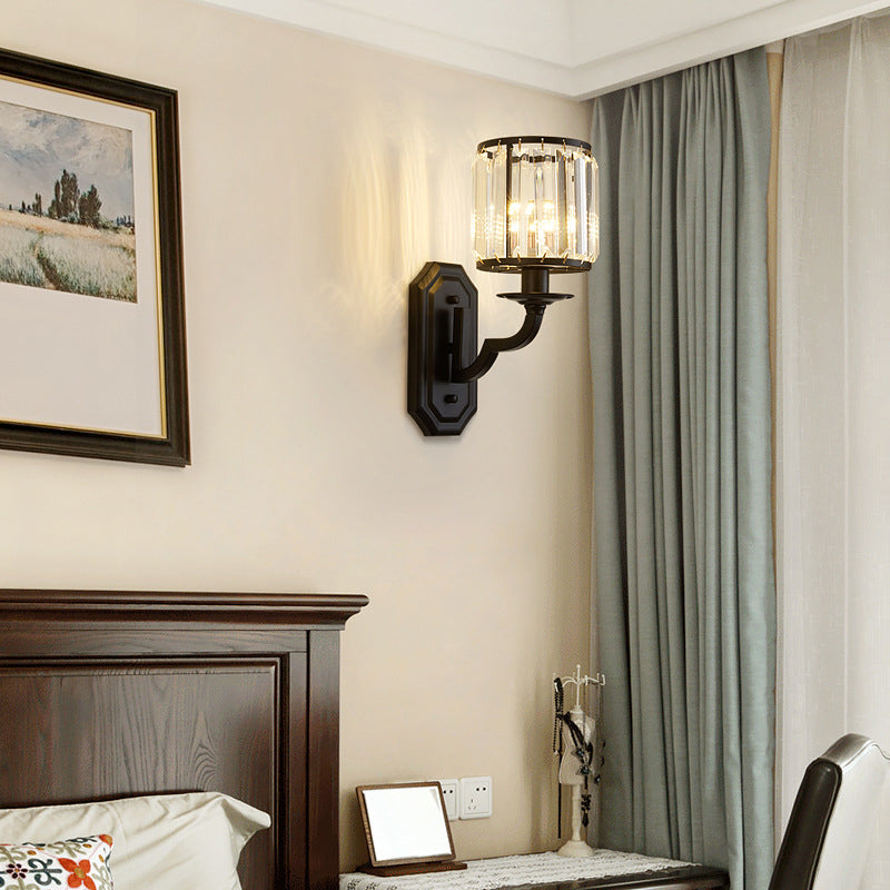 1 Head Wall Mount Light Fixture Rural Drum Faceted Crystal Wall Lamp Sconce in Black