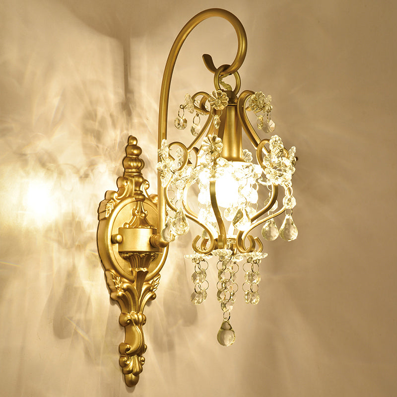 1 Light Scrolled Frame Wall Lamp Countryside Brass Metal Wall Mount Lighting with Crystal Accent