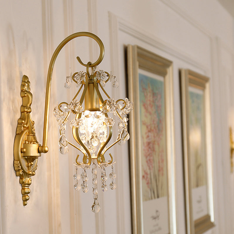 1 Light Scrolled Frame Wall Lamp Countryside Brass Metal Wall Mount Lighting with Crystal Accent