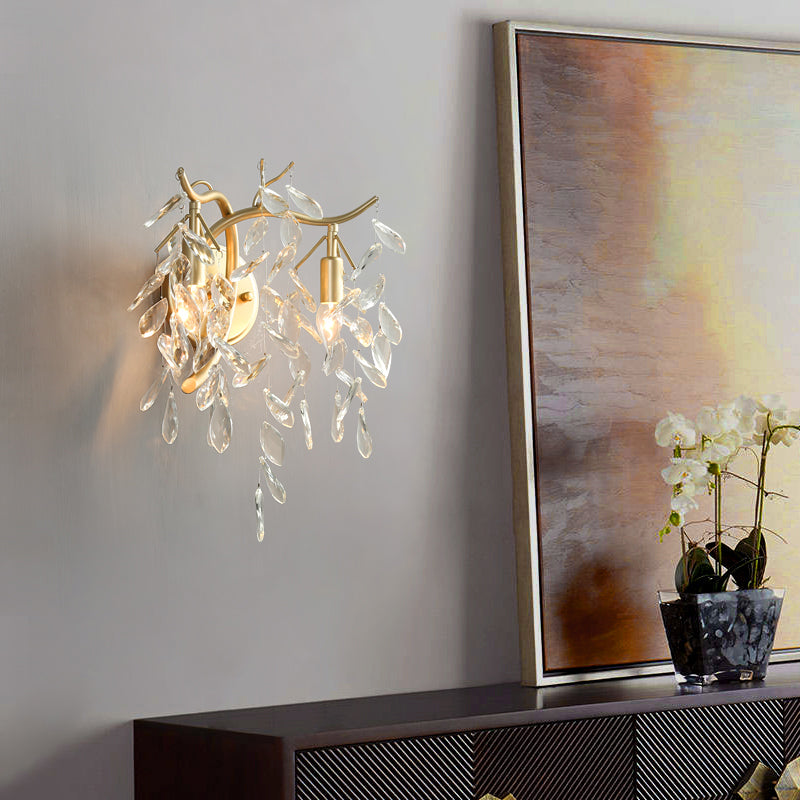 Branch Clear Crystal Wall Mount Lamp Country 2 Heads Bedside Wall Lighting Fixture in Brass