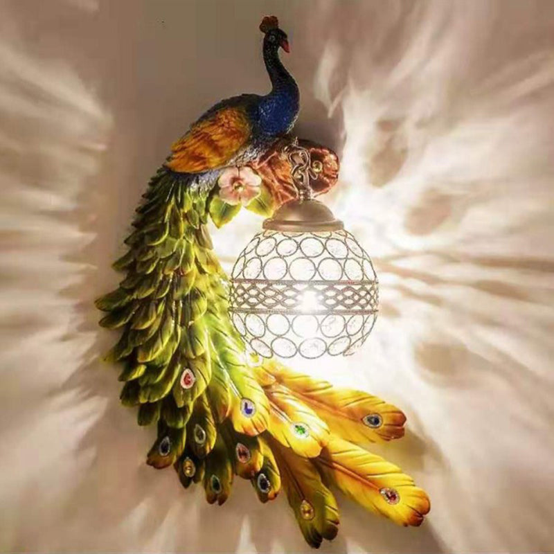 Resin Wall Light Sconce Peacock 1 Light Traditional Wall Mount Lamp with Globe Crystal Embedded Shade