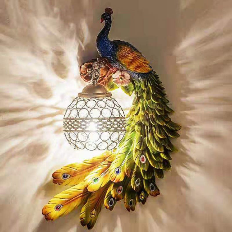 Resin Wall Light Sconce Peacock 1 Light Traditional Wall Mount Lamp with Globe Crystal Embedded Shade