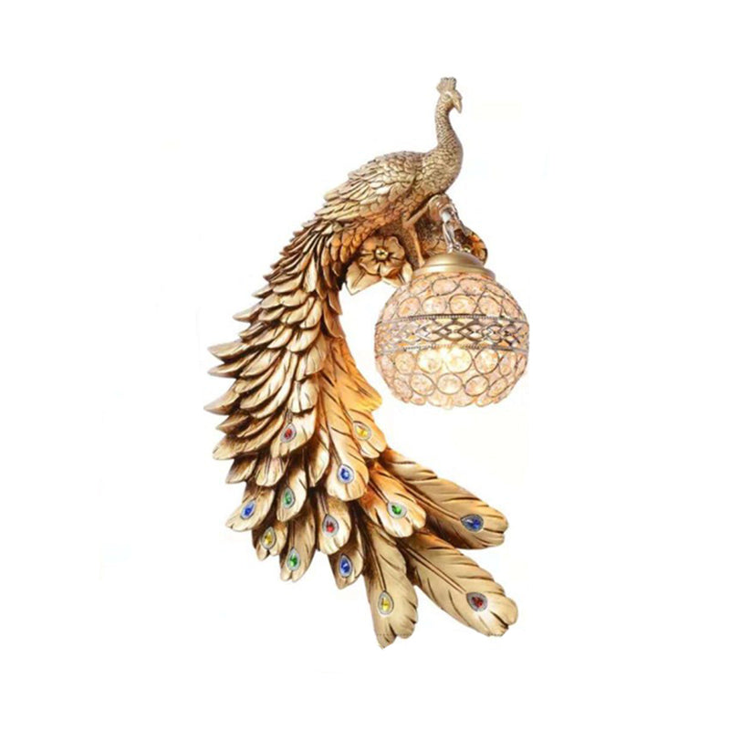 Resin Wall Light Sconce Peacock 1 Light Traditional Wall Mount Lamp with Globe Crystal Embedded Shade