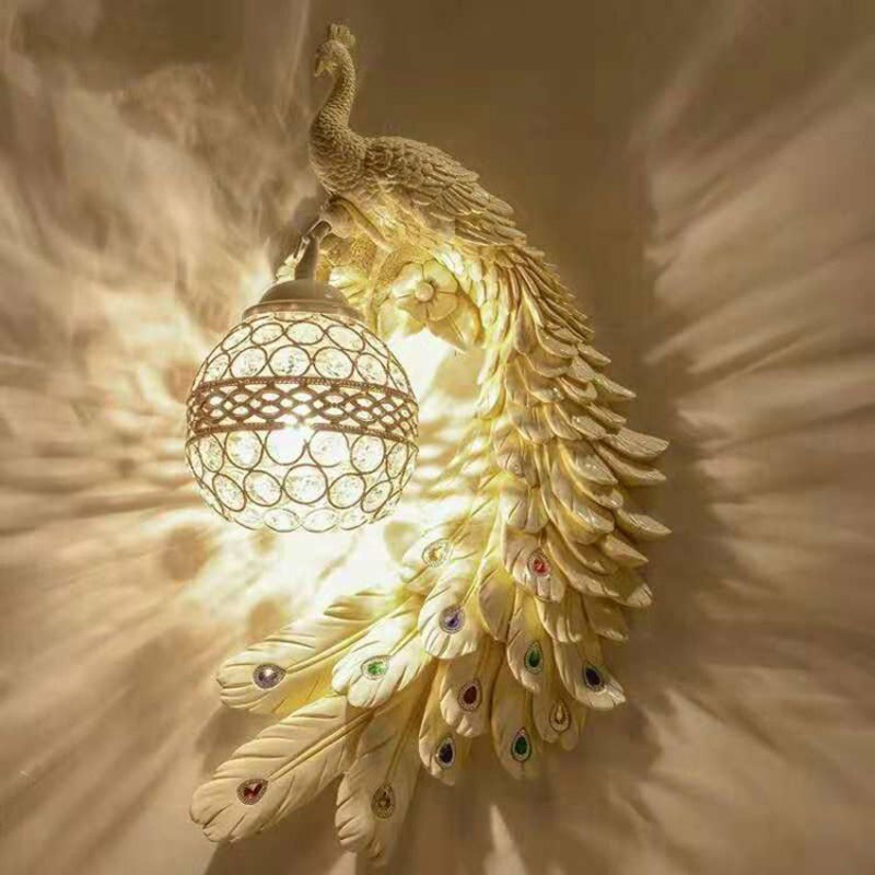 Resin Wall Light Sconce Peacock 1 Light Traditional Wall Mount Lamp with Globe Crystal Embedded Shade