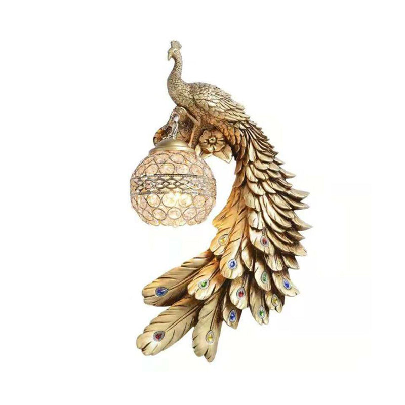 Lámpara de pared clásica de pavo pavo real 1 bulbo de resina de resina de luz de luz con sombra con incrustación de cristal esférico
