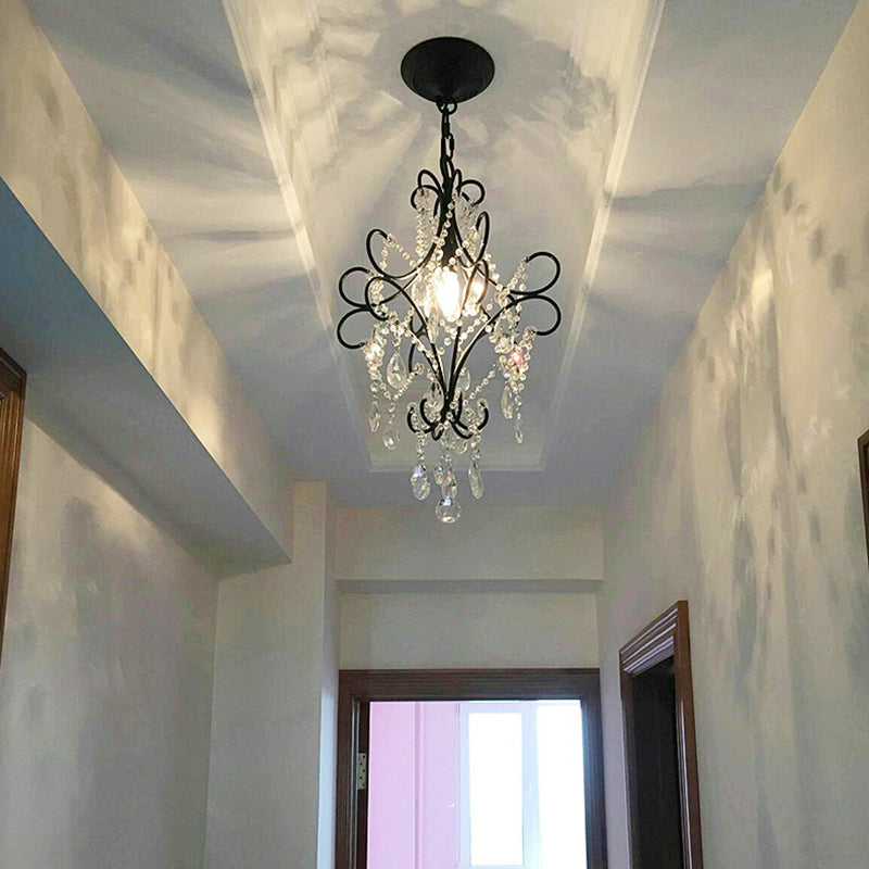 1-Light Hanging Ceiling Light Country Bent Arm Frame Metal Suspension Lighting with Crystal Droplet for Corridor