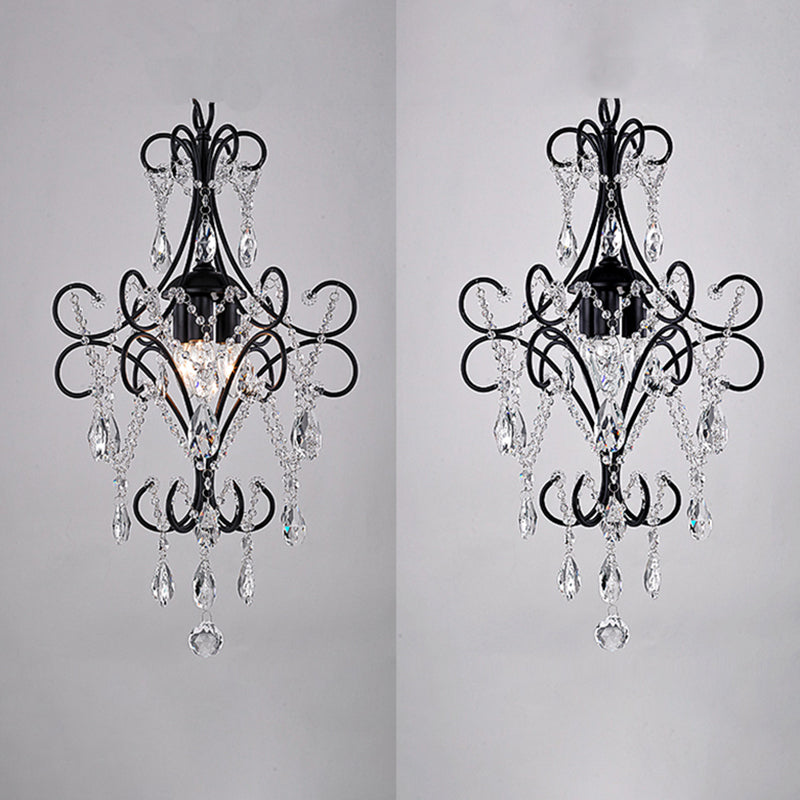 1-Light Hanging Ceiling Light Country Bent Arm Frame Metal Suspension Lighting with Crystal Droplet for Corridor
