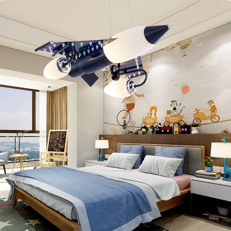 Fighter Airplane Pendant Light Cartoon Metal Chandelier in Black for Boys Bedroom