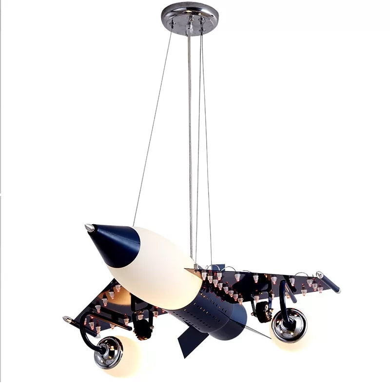 Fighter Airplane Pendant Light Cartoon Metal Chandelier in Black for Boys Bedroom