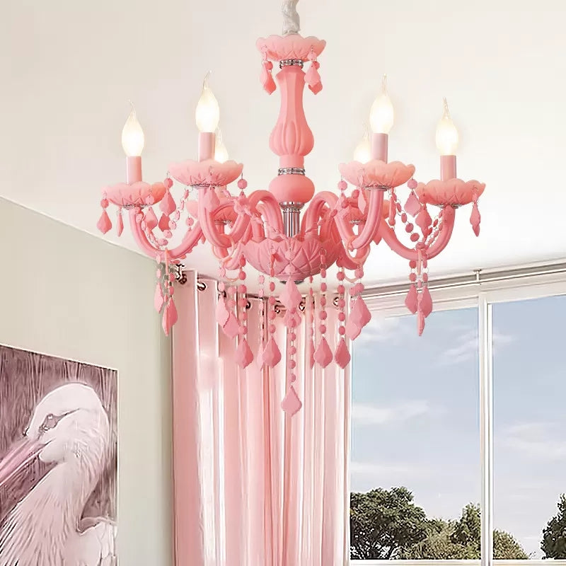 Macaron Élégant Suspension Lumière avec Crystal Deco Candle 6 LIGNES CHANDELIER METAL POUR TEDO