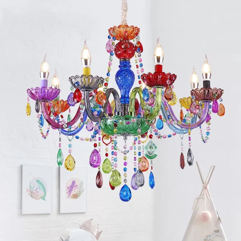 Nep kaarsen hanger licht mooi glas veelkleurige kroonluchter met traankristal voor de kleuterschool