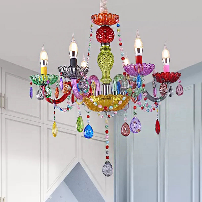 Fake Candle Pendant Light Pretty Glass Multi-Colored Chandelier with Teardrop Crystal for Kindergarten