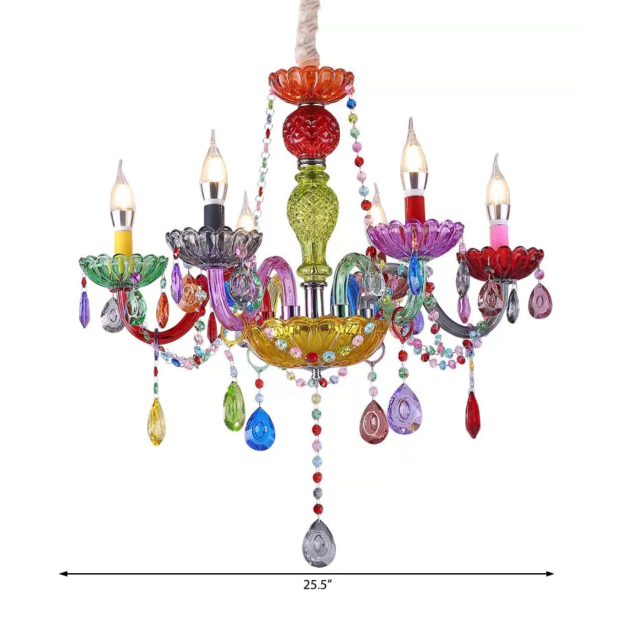Fake Candle Pendant Light Pretty Glass Multi-Colored Chandelier with Teardrop Crystal for Kindergarten