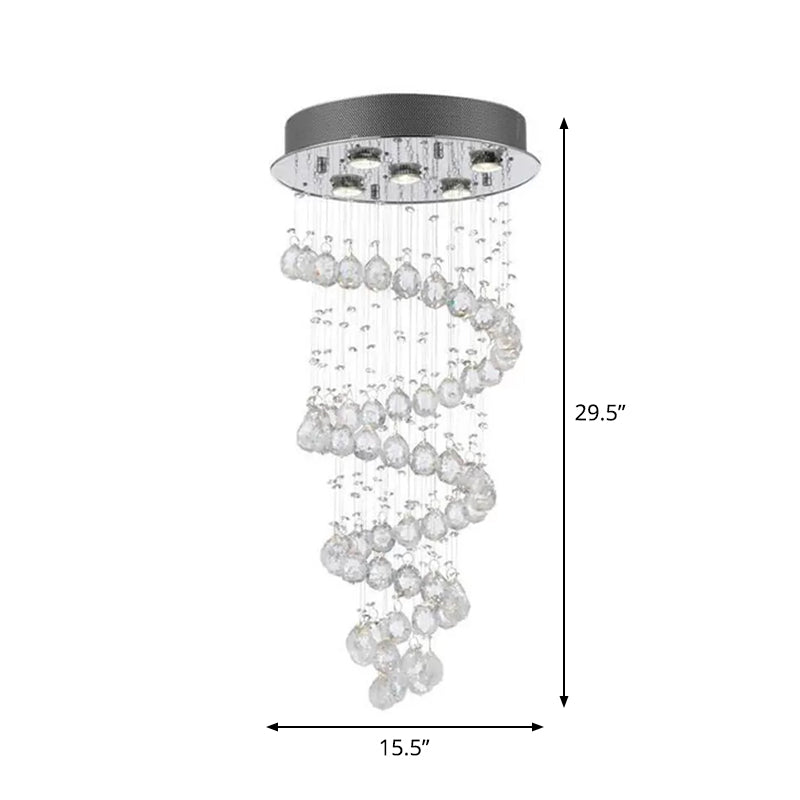 Stainless Steel 5-Light Ceiling Fixture Modern Crystal Spiral Flush Mounted Lamp for Bedroom