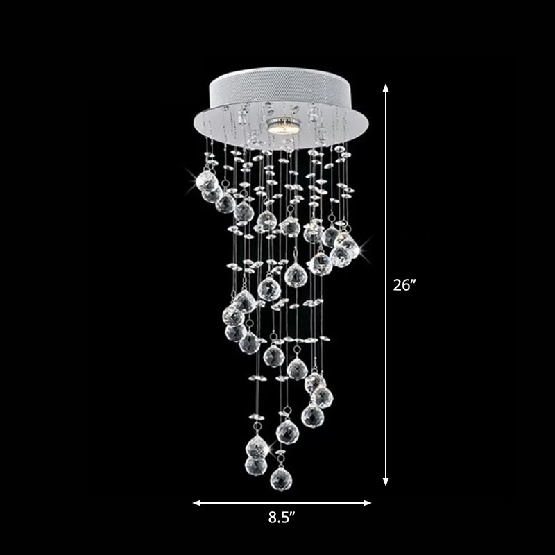 1/3/5-Bulb Crystal Draping Flush Light Modern Stainless Steel Spiral Living Room Ceiling Mount Lamp