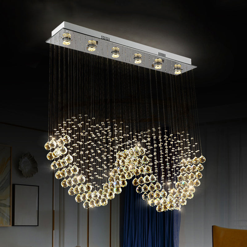 W Shaped Crystal Ceiling Lamp Modernism 6-Light Dining Room Flush Mounted Light in Stainless Steel