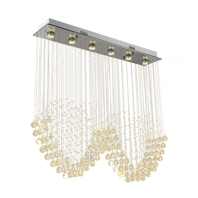 W Shaped Crystal Ceiling Lamp Modernism 6-Light Dining Room Flush Mounted Light in Stainless Steel