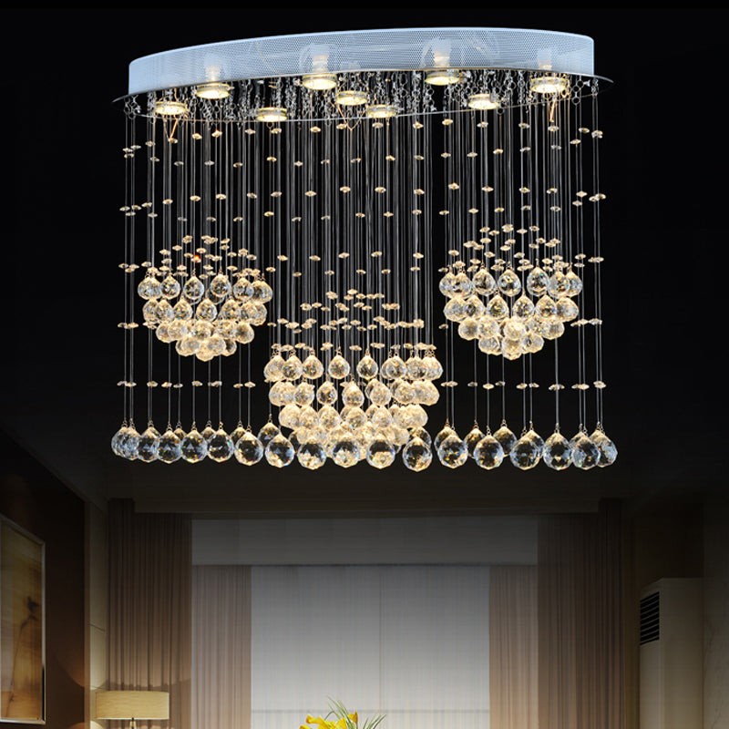 9 Bulbs Oval Flush Ceiling Light Fixture Modern Stainless Steel Crystal Drape Flushmount Light for Bedroom