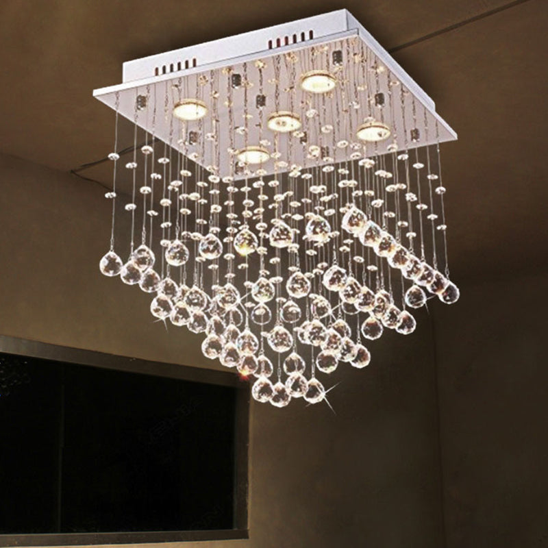 5 Bulbs Crystal Ceiling Lighting Modern Stainless Steel Pyramid Shaped Living Room Flush Mount Light