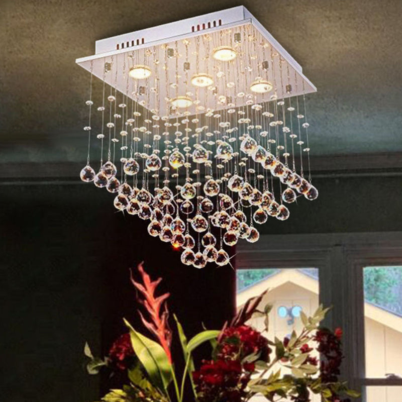 5 Bulbs Crystal Ceiling Lighting Modern Stainless Steel Pyramid Shaped Living Room Flush Mount Light