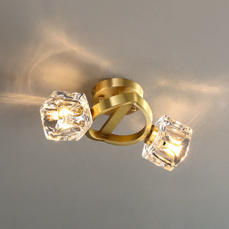 Gold Halbkreis Halbmontage Beleuchtung postmodernes Metall 2/5/8-Kopf-Foyer Decke Flush Licht in Gold mit quadratischem Kristallschatten