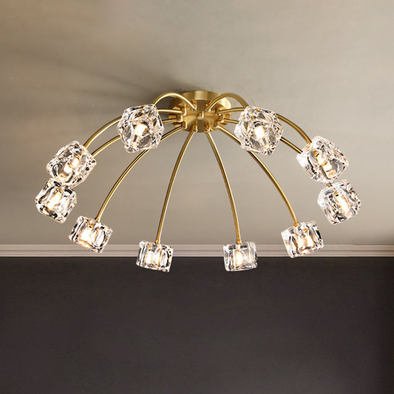 Brass Starburst Ceiling Mount Light Postmodern Crystal Cube 6/10 Heads Living Room Semi Flush Mounted Lamp