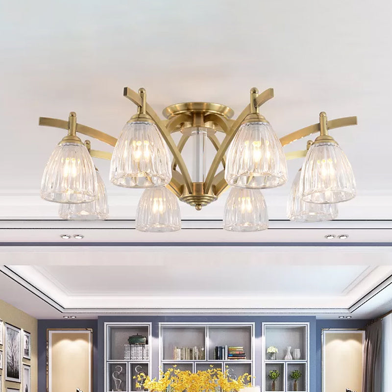 3/6/8 Bulbs Bell Semi Flush Light Modern Brass Textured Glass Ceiling Mount Chandelier for Living Room