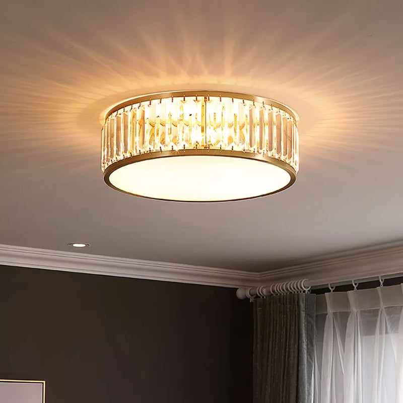 Crystal Drum Flush Mount Lamp Simplicity 3/4/5 Bulbs Bedroom Ceiling Light in Gold, 12.5"/16.5"/23.5" Wide