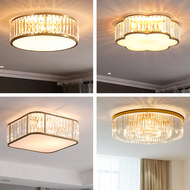 Crystal Drum Flush Mount Lamp Simplicity 3/4/5 Bulbs Bedroom Ceiling Light in Gold, 12.5"/16.5"/23.5" Wide