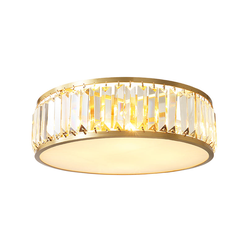 Crystal Drum Flush Mount Lamp Simplicity 3/4/5 Bulbs Bedroom Ceiling Light in Gold, 12.5"/16.5"/23.5" Wide