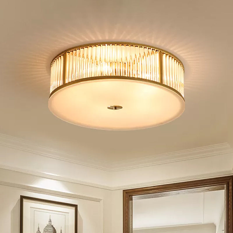 Simplicity Drum Flush Mount Lighting 4/5/6-Head Crystal Rod Ceiling Light Fixture in Gold