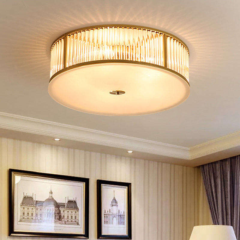 Simplicity Drum Flush Mount Lighting 4/5/6-Head Crystal Rod Ceiling Light Fixture in Gold