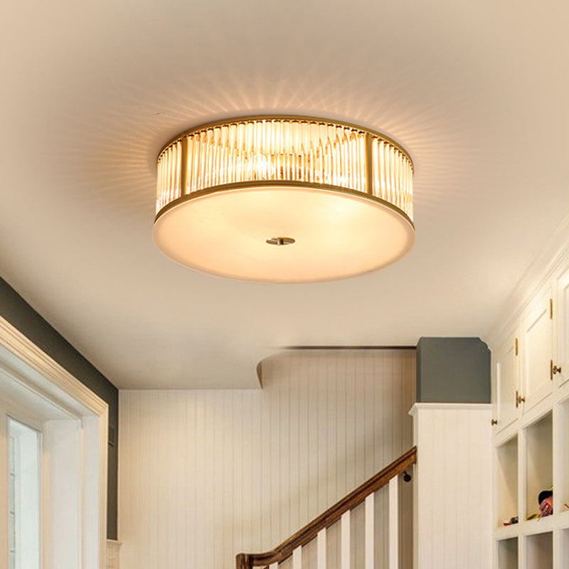 Simplicity Drum Flush Mount Lighting 4/5/6-Head Crystal Rod Ceiling Light Fixture in Gold