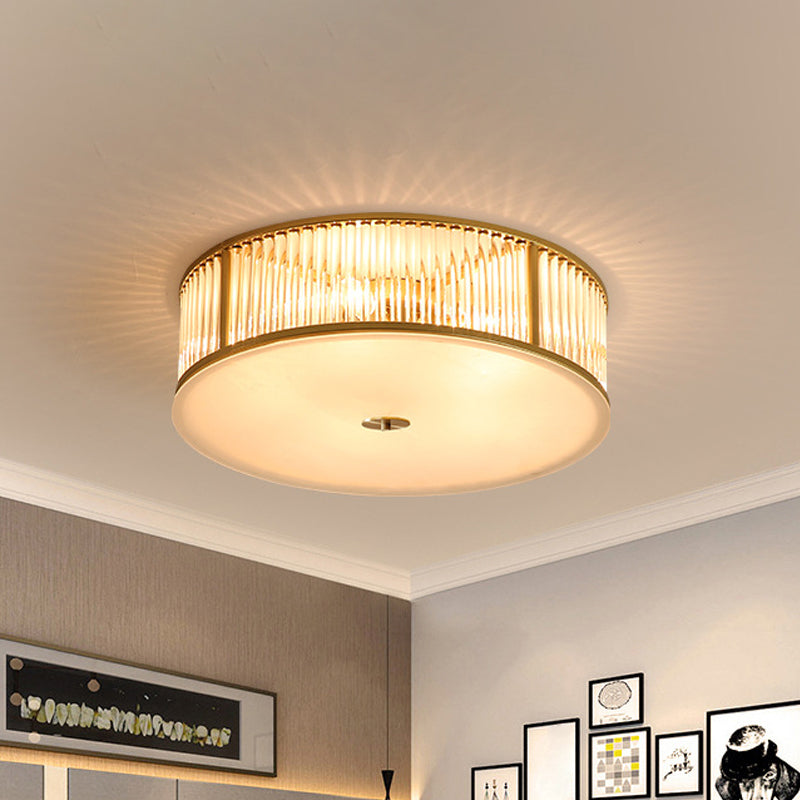 Simplicity Drum Flush Mount Lighting 4/5/6-Head Crystal Rod Ceiling Light Fixture in Gold