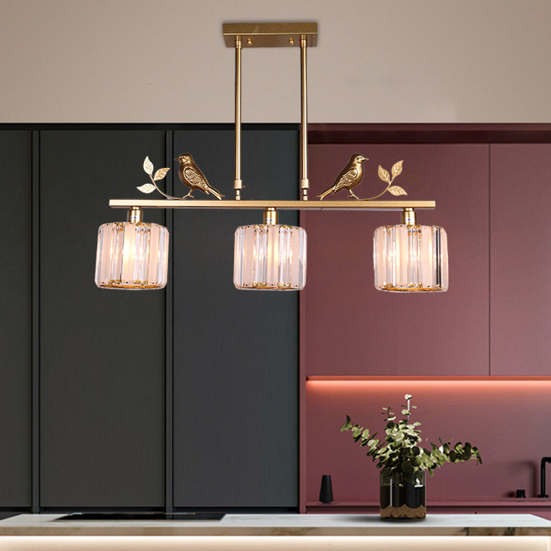 3-Bulb Cylinder Hanging Island Light Postmodern Black/Gold Crystal Prism Pendant Lamp with Bird and Leaf Decoration