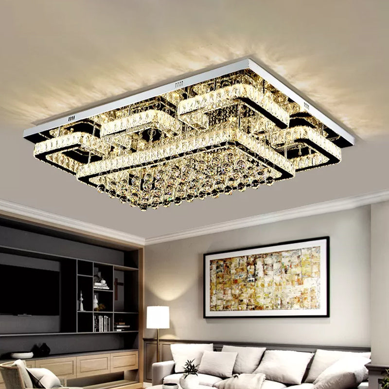 39.5"/47" W Rectangle Crystal Flush Mount Modernism Living Room LED Ceiling Light in Stainless Steel, Warm/White/Natural Light