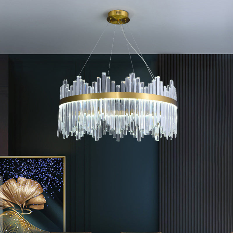 Wavy-Trim Round LED Chandelier Modern Gold 3-Sided Crystal Prism Hanging Ceiling Light, 23.5"/31.5"/39.5" Dia