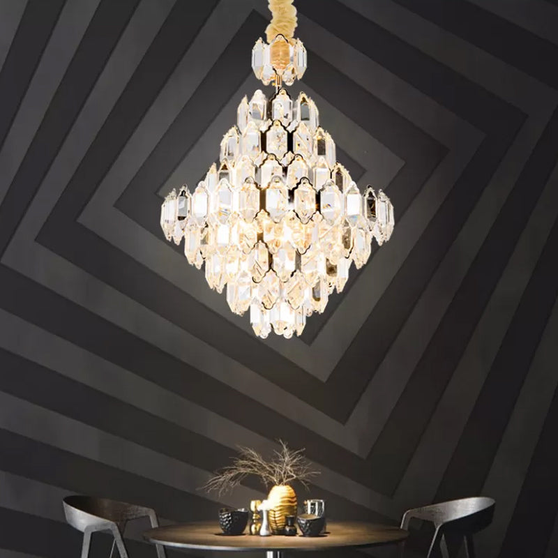 Stylish Modern Cone Pendant Lamp 8/10-Head Clear K9 Crystal Chandelier Light in Silver