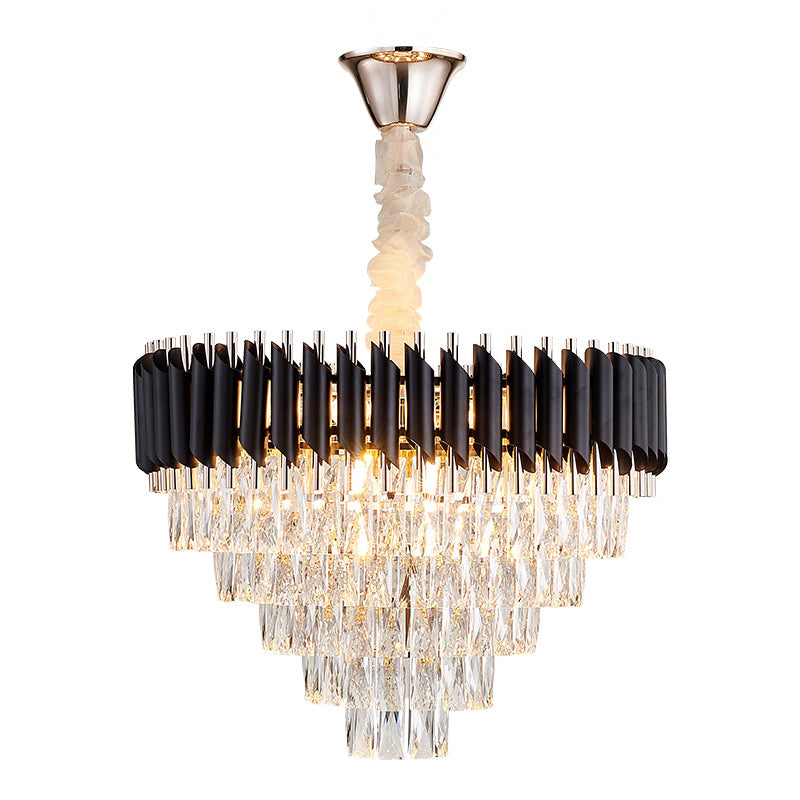K9 Crystal Prism Cone Chandelier Pendant Modern 10/13/33 Lights Living Room Down Lighting Pendant in Black