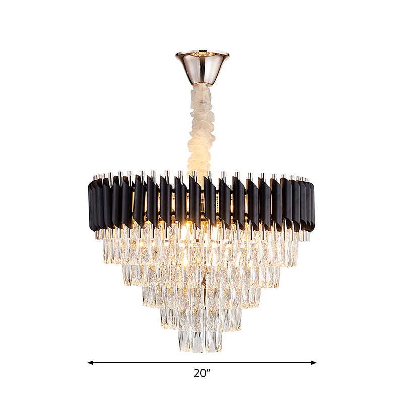 K9 Crystal Prism Cone Chandelier Pendant Modern 10/13/33 Lights Living Room Down Lighting Pendant in Black