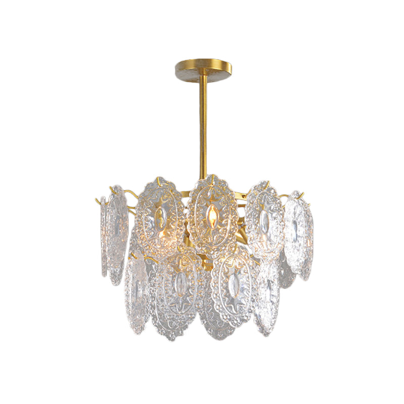 2/3/4-Tiered Scalloped Glass Chandelier Modern 6/12/16 Bulbs Dining Room Suspension Pendant Light in Gold