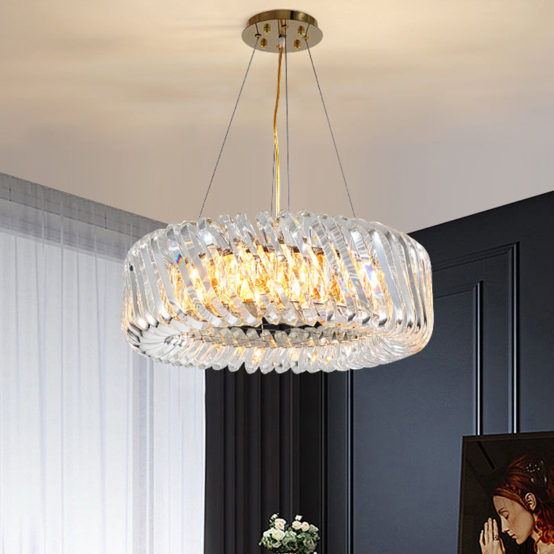 Minimalist Drum Pendant Lighting 4/8/12-Light Clear K9 Crystal Chandelier Light Fixture in Gold