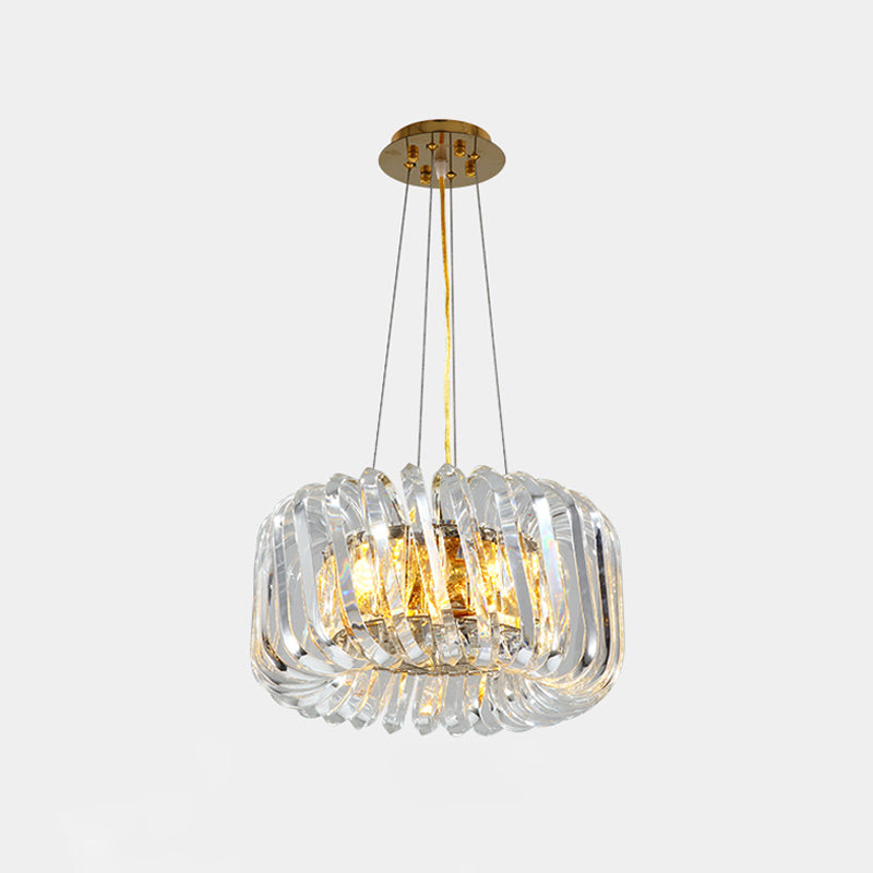 Minimalist Drum Pendant Lighting 4/8/12-Light Clear K9 Crystal Chandelier Light Fixture in Gold