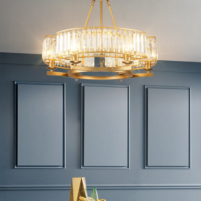Gold Circle Chandelier Pendant Light Modern Faceted Clear Crystal Prism 6/8/10-Bulb Dining Room Hanging Lamp