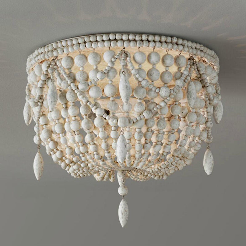 Retro Beaded Flush Mount Light 6 Heads Wood Close to Ceiling Lamp in Distressed White