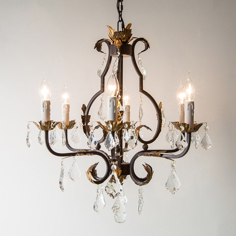 Rust Swooping Arm Chandelier Lamp Traditional Wood Living Room Pendant Light Kit with Crystal Accent