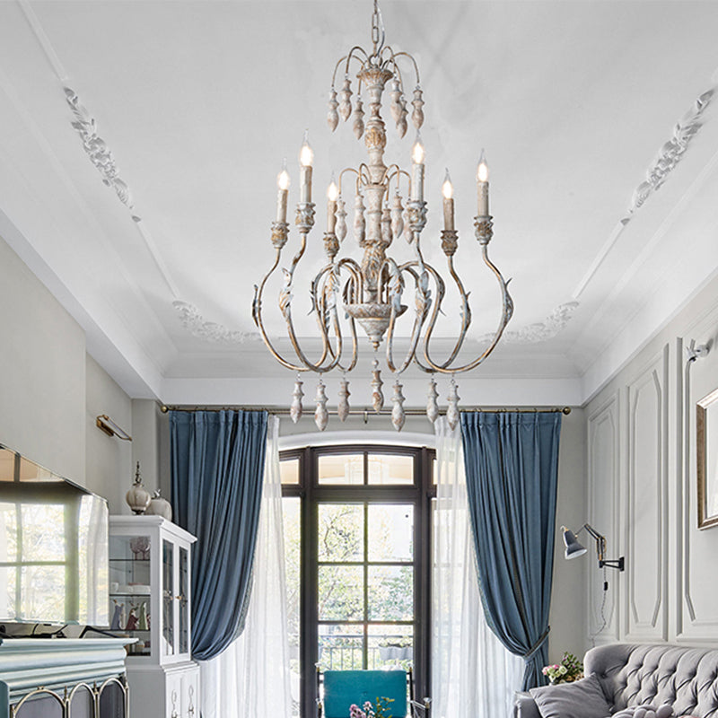 Éclairage pendentif en bois en détresse en détresse Classic Living Room Chandelier Lightture avec gouttelettes