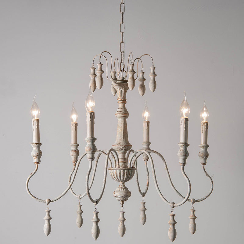 6 Heads Wood Hanging Ceiling Light Country Distressed White Swooping Arm Dining Room Chandelier Lighting